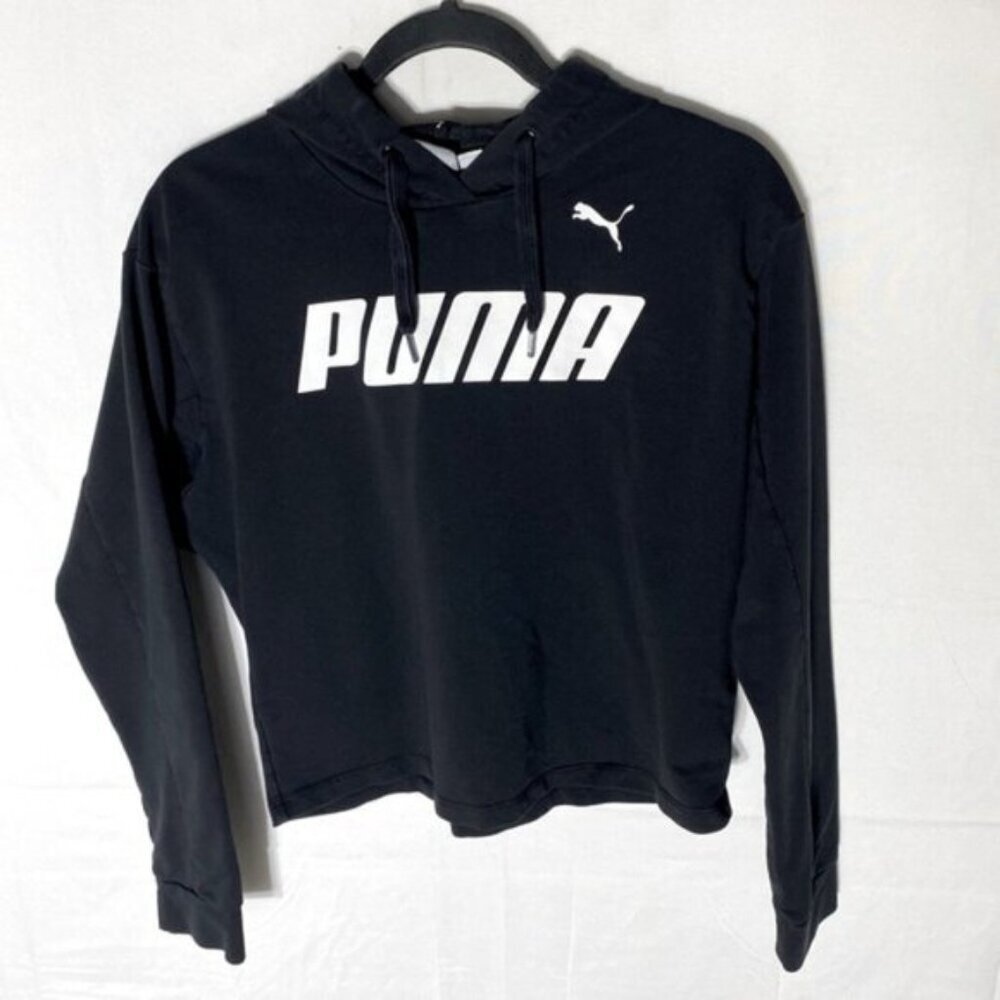 Puma Black White Cat Logo Lightweight Cropped Hoodie XS